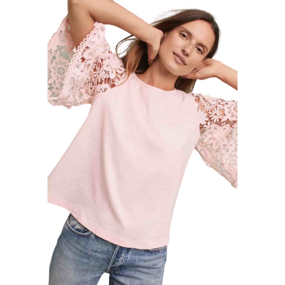 EUC Anthropologie Eri + Ali Pink Floral Samara Lace Top- Size Medium - Picture 2 of 5
